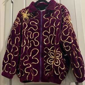 Embroidered Velvet Bomber Jacket - Purple and Gold